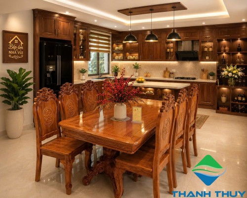 BỘ BÀN ĂN GỖ CĂM SE GÕ NS - 195